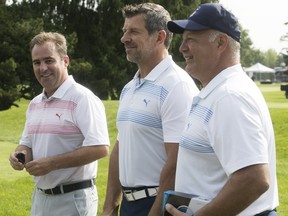 Geoff Molson, Marc Bergevin and Claude Julien prior to the start of the Max Pacioretty golf tournament in Laval on Tuesday, Aug. 29, 2017.