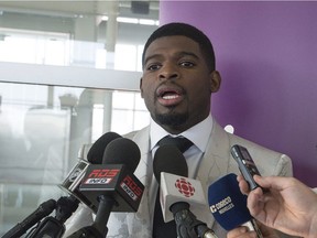 P.K. Subban speaks with the press prior to attending the Montreal Children's Hospital Foundation gala at the Montreal Science Centre in Montreal, on Wednesday, August 30, 2017.