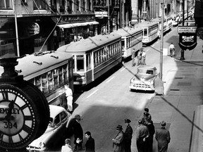 Streetcars crowd St. Jacques St. for the last time on Aug. 30, 1959. Mexico City bought the last of them.