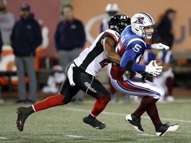 Montreal Alouettes quarterback Drew Willy is sacked by Ottawa Redblacks Khalil Bass during second half of Canadian Football League game in Montreal, Thursday August 31, 2017.