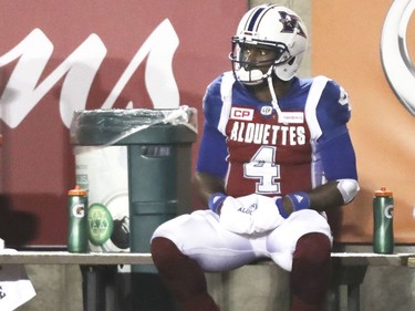 Montreal Alouettes quarterback Darian Durant sits on the bench after being pulled from the game during second half of Canadian Football League game against the Ottawa Redblacks in Montreal, Thursday August 31, 2017.