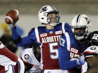 Montreal Alouettes quarterback Drew Willy throws a pass during second half of Canadian Football League game against the Ottawa Redblacks in Montreal, Thursday August 31, 2017.