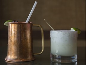 A Moscow mule (left) is a concoction of vodka, ginger beer, lime juice and ice cubes that is traditionally served in a copper mug, probably to keep the beverage cold longer.