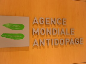 The logo of World Anti-Doping Agency or Agence Mondiale Antidopage (WADA) taken on September 20, 2016 at the headquarters of the organization in Montreal.