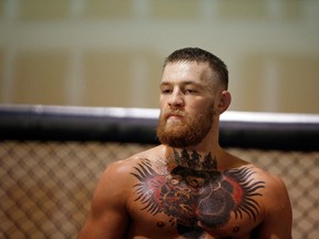 UFC Featherweight Champion Conor McGregor trains during an open workout at his gym on August 12, 2016 in Las Vegas.