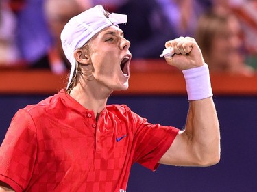 Denis Shapovalov of Canada reacts after winning the second set against Rafael Nadal of Spain during day seven of the Rogers Cup presented by National Bank at Uniprix Stadium on August 10, 2017 in Montreal.