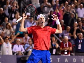 Canada's Denis Shapovalov reacts after defeating France's Adrian Mannarino at Rogers Cup at Uniprix Stadium
