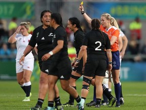 Sarah Goss of New Zeland is shown a yellow card by referee Joy Neville during the Women's Rugby World Cup 2017 Final between England and New Zealand on August 26, 2017 in Belfast, United Kingdom.