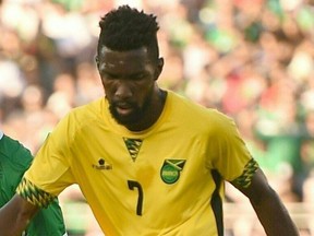 Shaun Francis (#7) of Jamaica battles during CONCACAF Gold Cup semifinal match on July 23, 2017 at The Rose Bowl in Pasadena, California.