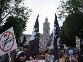 La Meute, a far-right, anti-immigration group, holds a rally in Quebec City, on August 20, 2017.