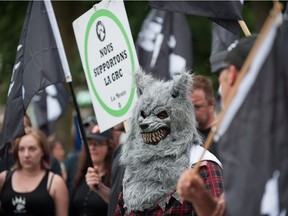 La Meute, a far-right, anti-immigration group, holds a rally in Quebec City on Aug. 20, 2017.