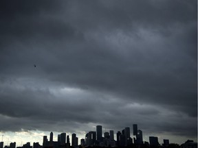 The Houston skyline after heavy rains broke during the aftermath of Hurricane Harvey Aug. 29, 2017. Harvey has set what forecasters believe is a new rainfall record for the continental U.S.