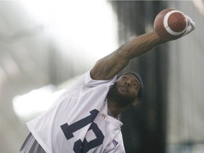 Toronto Argonauts S.J. Green SB (19) tries to corral a throw with one hand at the walk-through practice at Downsview Park before heading to Saskatchewan's Saturday tilt with the Rider action in Toronto, Ont. on Thursday July 27, 2017.