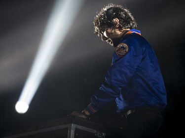 Xavier de Rosnay of the French electronic music duo Justice performs during the Osheaga Music and Arts Festival at Parc Jean Drapeau in Montreal on Friday, August 4, 2017.