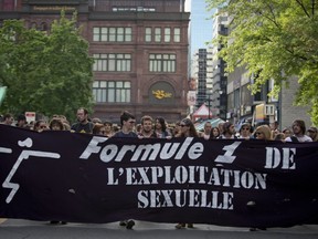 Protesters concerned about sexual exploitation during the Canadian  Grand Prix march in Montreal in 2012.