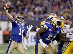 On a roll: Winnipeg Blue Bombers quarterback Matt Nichols fires a pass while playing against the Edmonton Eskimos in Winnipeg on Aug. 17, 2017.