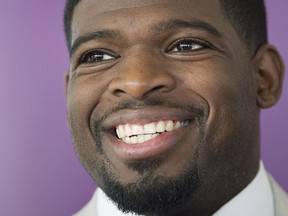 Nashville Predators player P.K. Subban smiles as he speaks to reporters prior to attending a Montreal Children's Hospital Foundation gala in Montreal, Wednesday, August 30, 2017. THE CANADIAN PRESS/Graham Hughes
