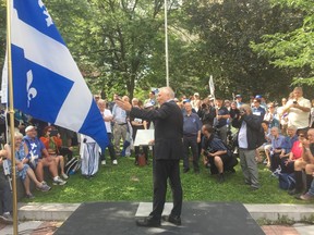 Parti Québécois leader Jean-François Lisée speaks to a crowd at a rally in support of Bill 101 on the law's 40th anniversary last month.