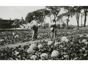 1925 -- Sarto Aubin (left) shows off his Montreal melons to an agriculture inspector on farm on Upper Lachine road and what is now Cavendish Blvd. which has been swallowed up by urban development. Credit Fraser Hickson Institute.