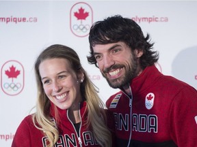 Marianne St-Gelais and Charles Hamelin smile after being presented as provisional members of the Short Track Speed Skating team for the 2018 Winter Olympics in Korea, Wednesday, August 30, 2017 in Montreal.