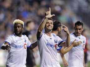 Montreal Impact's Blerim Dzemaili gestures to the crowd after scoring a goal during the second half of the team's MLS soccer match against the Philadelphia Union on Saturday, Aug. 12, 2017, in Chester, Pa. Coach Mauro Biello feels the Impact are hitting their stride at just the right time. Montreal is looking for their first three-game win streak of the season as they host the Chicago Fire at Saputo Stadium on Wednesday.