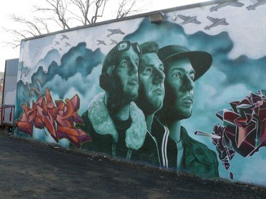 Street art called World War II Vets by artist Ashop at 5455 de Maisonneuve Blvd W. in the Côte-des-Neiges-Notre-Dame-de-Grâce borough. It is at the back of the Royal Canadian Legion at de Maisonneuve and Addington. As a war baby, Archie Fineberg can relate to the sentiments expressed. Here, contemporary wild style tags are integrated into a scene from the 1940s. Fineberg finds the anachronistic element arresting.