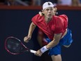 Denis Shapovalov of Canada serves to Alexander Zverev of Germany during the semifinals at the Rogers Cup tennis tournament Saturday, August 12, 2017, in Montreal.