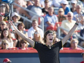 Alexander Zverev, of Germany, celebrates after beating Roger Federer, of Switzerland, in the final at the Rogers Cup tennis tournament, in Montreal on Aug. 13, 2017.