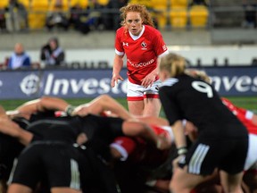 Alexandra Tessier waits for a scrumfeed during the 2017 International Women's Rugby Series match between the NZ Black Ferns and Canada at Westpac Stadium in Wellington, New Zealand on June 9, 2017.