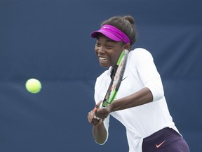 Canadian Françoise Abanda on the practice court at the Rogers Cup, in Toronto, Ont. on Monday August 7, 2017.
