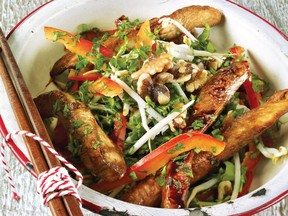 A healthy stir-fry of chicken and vegetables topped with walnuts is from a new cookbook based on superfoods.