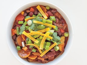 Vegetables and seasoning blend to create a lively fall chili in a mere 30 minutes.