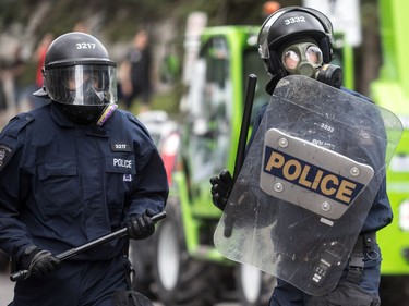 The far-right group La Meute and counter-protesters, organized by a group called Citizen Action Against Discrimination as well as the Ligue anti-fasciste Québec clashed in Quebec City, on Sunday, August 20, 2017. Police slowly moved the protesters through the streets.