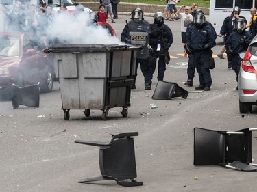 The far-right group La Meute and counter-protesters, organized by a group called Citizen Action Against Discrimination as well as the Ligue anti-fasciste Québec clashed in Quebec City, on Sunday, August 20, 2017. A group of masked demonstrators threw bottles and chairs at the police.