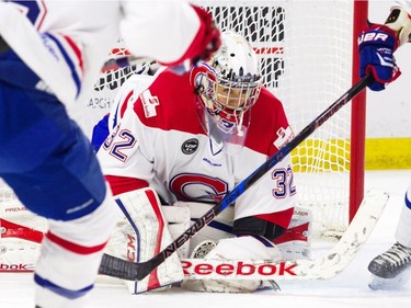 Les Canadiennes Montreal goalie Charline Labonté makes a save against the Calgary Inferno during the 2017 Clarkson Cup at Canadian Tire Centre Sunday March 5, 2017.