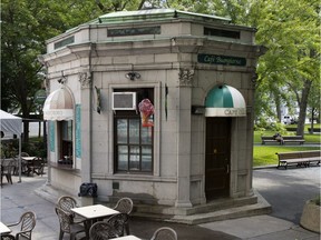 For decades, Montreal had a lavish set of public privies, built as make-work projects during the Depression  by then-Mayor Camillien Houde — and eventually nicknamed ‘Camilliennes.’ But they were demolished, or converted into flower stalls many years ago. Shown is Café Buongiorno, located in Dorchester Square, which was once a public bathroom.