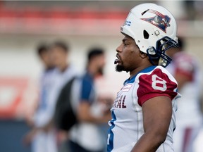 Montreal Alouettes slotback Nik Lewis takes part in the pregame warmup during CFL action at Molson Stadium in Montreal on Thursday August 24, 2017.