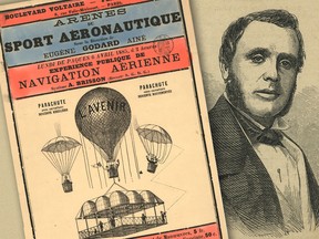 Eugène Godard (right) and a poster advertising a hot-air balloon show he conducted over Paris in 1885. Godard was the first to build and fly a hot-air ballon in Canada when he flew his 'Canada' balloon over Montreal and surrounding areas in Sept. 1856.