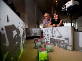 “We scoured Canada in search of Expo 67 multimedia material and found plenty,” says NFB producer René Chénier, surveying a miniature version of the Expo 67 Live setup with installation creator Karine Lanoie-Brien. The 50th-anniversary project will be presented on the Place des Arts esplanade from Sept. 18 to 30.
