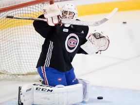 Michael McNiven makes a save during the Montreal Canadiens rookie camp in Montreal on Thursday September 7, 2017.