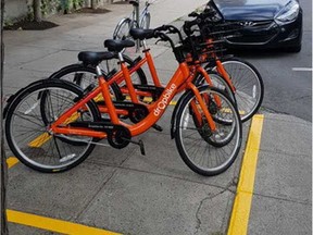 Dropbike bikes in Westmount. The bike-sharing service offers bikes at $1 an hour and requires no docks. Handout