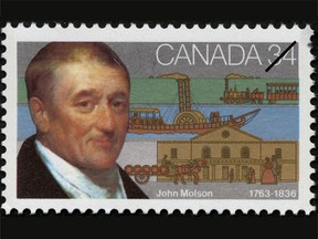 John Molson (1763-1836), co-founder of Molson Brewery in 1786 (now Molson Coors Brewing Co.), had his hands in many ventures, including steamboats. Shown on this stamp is the Accommodation, the first steamboat in Canada.