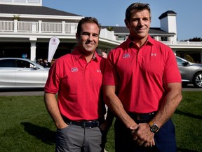 Geoff Molson, left, president and CEO, and Marc Bergevin, general manager, arrive for the Montreal Canadiens charity hockey tournament in Laval on Monday September 11, 2017.