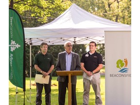 Tree Canada president Michael Rosen, left, Beaconsfield Mayor Georges Bourelle and U-Haul manager Martin Beaudin announce the funding of treatment of ash trees on private property.