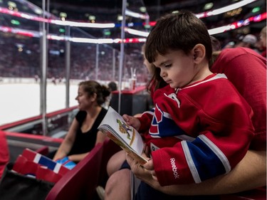 The Canadiens held their annual Red vs. White intrasquad scrimmage at the Bell Centre in Montreal on Sunday, Sept. 17, 2017, and 21-month-old Hayden Dumas-Pelletier was focused on other things.