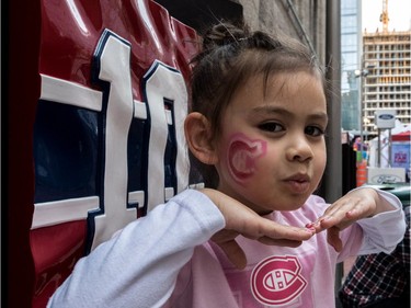 The Canadiens held their annual Red vs. White intrasquad scrimmage at the Bell Centre in Montreal on Sunday, Sept. 17, 2017, and team fan 4-1/2-year-old Jasmine Di Iorio hammed it up for the cameras outside the rink.