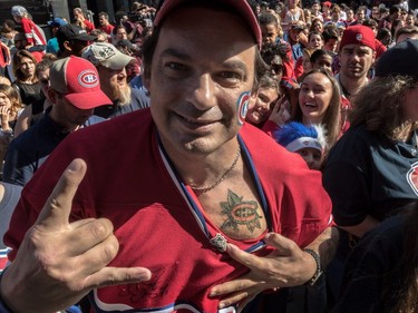 Canadiens fan Sebastien Martin wears his loyalty over his heart at the annual Red vs. White intrasquad scrimmage at the Bell Centre in Montreal on Sunday, Sept. 17, 2017.