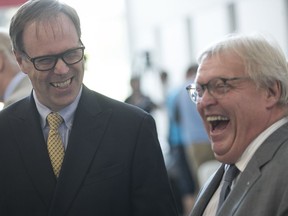 "I'm always open to make corrections" to the MUHC's budget, Health Minister Gaétan Barrette said Monday as he  unveiled 10 new board members, including newy appointed chairman Peter Kruyt, left.