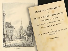 The book Frederick Fitzgerald De Roos wrote of his travels through the U.S. and Canada in 1826 also contained illustrations done by him, including this one of Montreal showing Nelson's Column to the left.