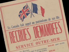 A 1916 recruitment poster seeking French Canadians to serve overseas on the side of Britain and France during WWI.